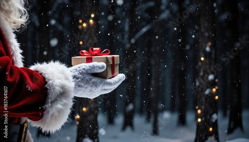Santa Claus gloved hand holding gift in snowy forest scene