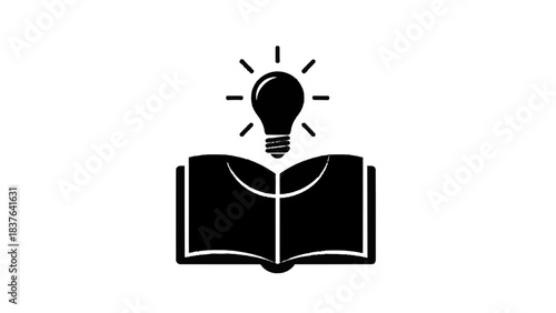Vector illustration of an open book with a light bulb idea glowing above it on transparent background