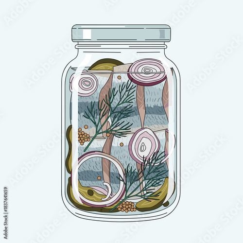 Pickled herring in jar vector with Scandinavian cuisine concept, isolated on white with copy space