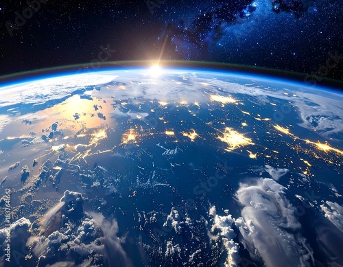 Distant view of planet Earth at sunrise, stars visible