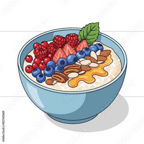 Quinoa porridge bowl, vector illustration, wholesome healthy breakfast icon, minimal flat design