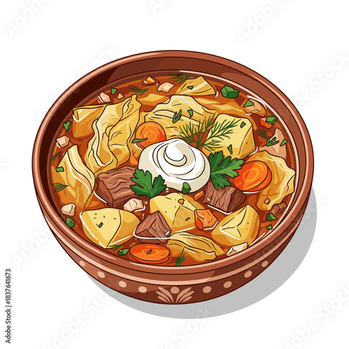 Shchi soup in bowl, vector illustration, traditional Slavic cuisine concept, wholesome hearty meal, minimal flat design