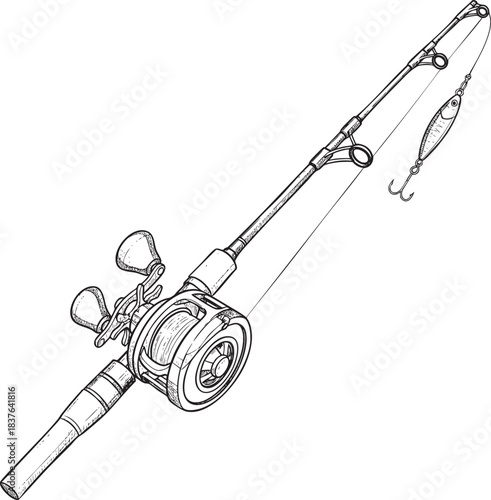 Fishing rod with reel and lure monochrome line art.
