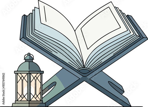 Open book on rehal stand, traditional lit lantern, symbolizing Islamic faith, Ramadan. Isolated on transparent background, vector illustration.
