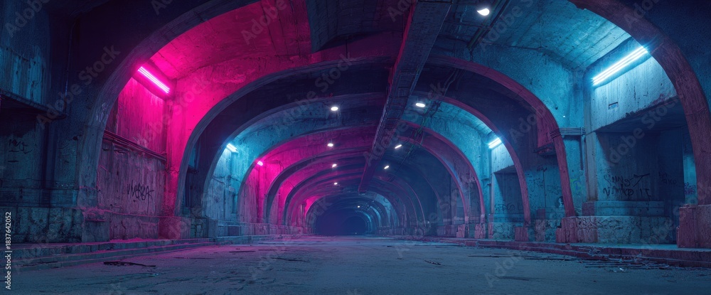 Obraz premium Arched tunnel with pink and blue neon lights receding into the darkness