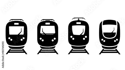 Vector illustration of four different modern electric train front views icons isolated on transparent background