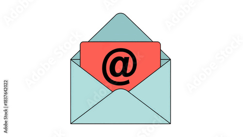 Vector illustration of email icon in open envelope with at symbol isolated on transparent background