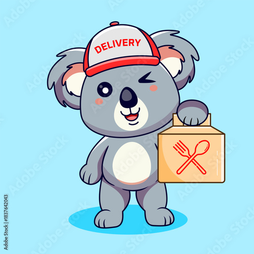 Cute Koala Delivery Mascot with Food Package Vector Illustration Cartoon Kawaii Style