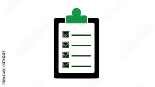 Vector illustration of checklist on clipboard icon with green header and checkmarks, isolated on transparent background