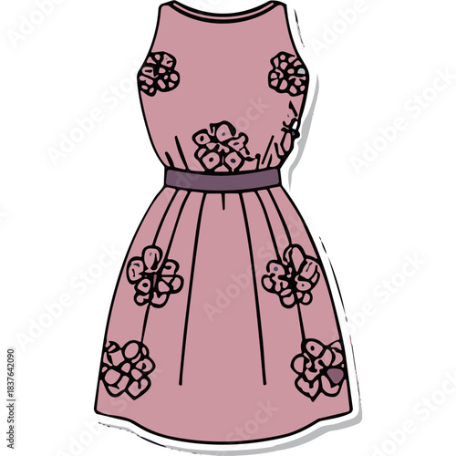 Simple Pink Sleeveless Dress with Floral Appliques and Purple Waistband Minimalist Artwork Elegant Simple Outfit