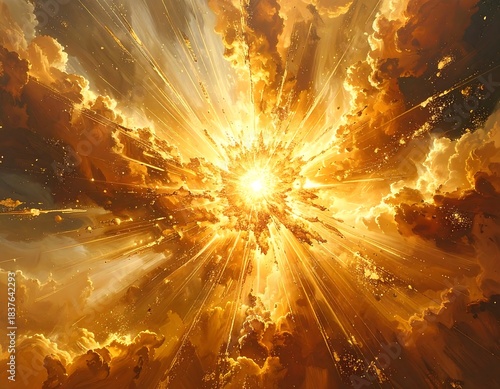 Dramatic view of a celestial explosion of radiant light and golden clouds