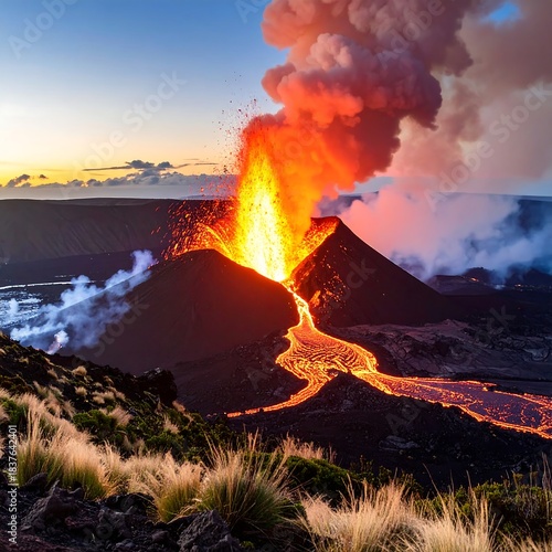 Erupting volcano with flowing lava and steam against a colorful sky