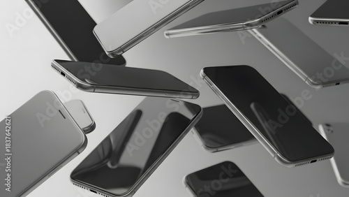 Multiple smartphones falling or floating in a dynamic composition. Mobile technology and digital communication concept.