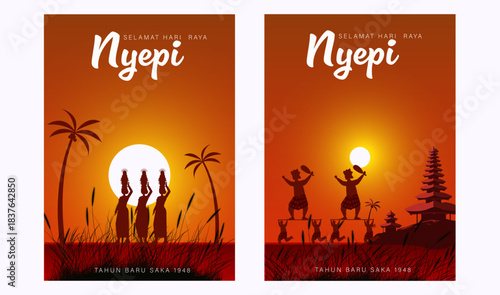 Nyepi Day Silhouette Illustration with Sunset, Balinese Temple and People Walking for Hindu Day of Silence