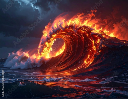 Fiery ocean wave with flames curling against a stormy, dark sky