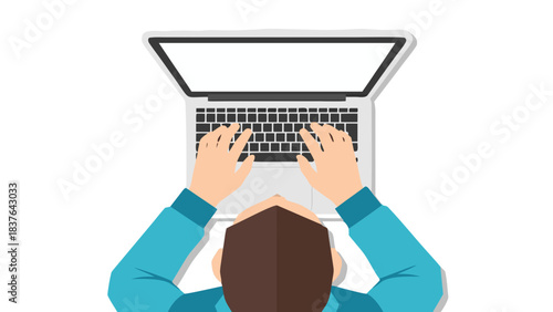 Overhead View Of A Person Typing On A Laptop Computer With A Blank White Screen And A Dark Background Showing Their Hands And Head