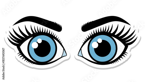 Pair of Blue Eyes with Long Eyelashes and Defined Eyebrows Against a Black Background in a Stylized Graphic Representation