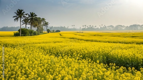 Vast field of bright yellow mustard flowers blooming under a hazy sky with a row of palm trees in the distance, representing rural agriculture