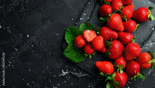 Fresh, vibrant strawberries arranged on a dark, textured surface