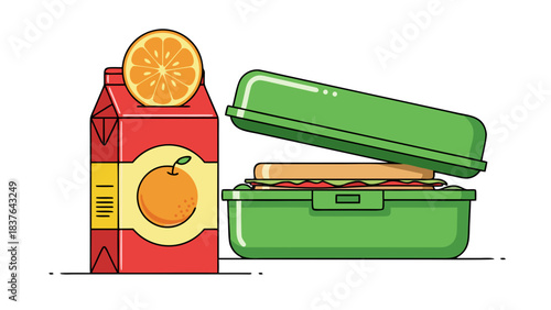 Orange Juice Carton with Slice of Orange and Open Lunchbox Containing a Sandwich on a Black Background with Pixelated Art Style