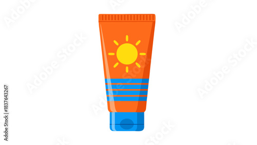 Orange Sunscreen Tube With Blue Accents and Yellow Sun Graphic on Black Background Offering Skin Protection from UV Rays for Summer Outdoor Activities