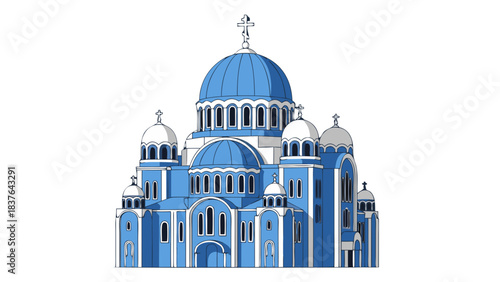 Orthodox Cathedral Architecture Blue and White Domes and Cross Against Black Background Flat Design Style Minimalist Religious Building Exterior