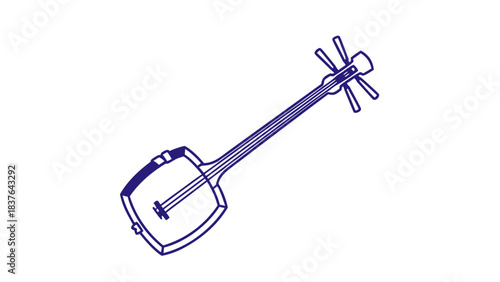 Outline Drawing Of A Shamisen Traditional Japanese String Instrument On A Black Background Detailed Vector Illustration