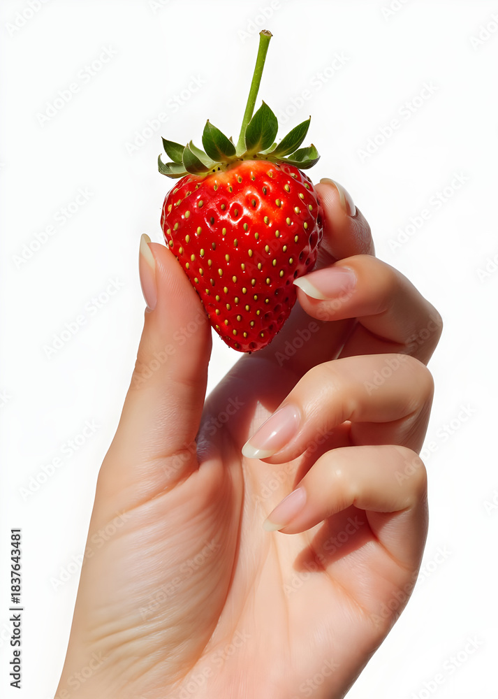 Obraz premium Hand holding a single, perfect red strawberry against a white background