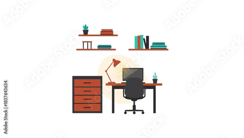 Flat illustration of a workspace, with a desk, chair, lamp, computer, shelves, books and drawers