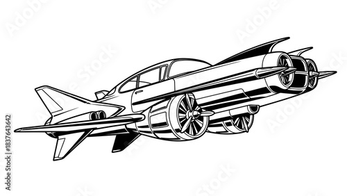 Retro-futuristic flying car illustration, vintage sci-fi vehicle