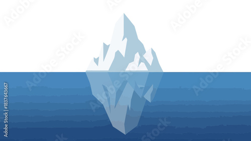 Geometric iceberg floats in ocean, tip visible above water, large submerged body