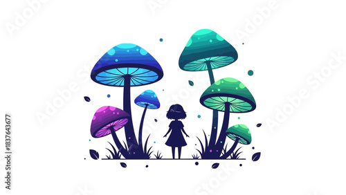 Girl silhouetted amidst vibrant gradient mushrooms against a clean white backdrop