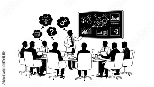 Business meeting, team analyzes data and brainstorms innovative ideas