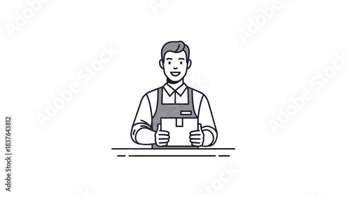 Line art of a man in an apron holding a box with thumbs up, set on a white background