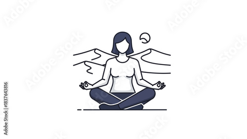 Meditating woman in lotus pose against a desert backdrop, outlined with calming color palette