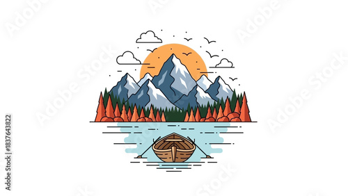 Minimalist landscape with a rowboat on a lake, mountains in the background, and a setting sun