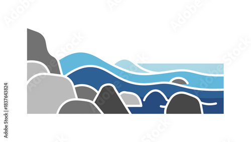 Minimalist landscape depiction of ocean waves and rocky coastline in blue, gray, and white tones