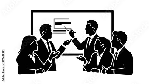 Business team meeting discussing a presentation on whiteboard.