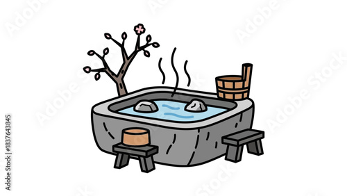A cartoon of a hot tub with stools, bucket, stones, small tree & water, steam rising