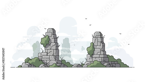 Minimalist vector illustration of ancient stone ruins, partially overgrown, set against a hazy, cloud-filled backdrop