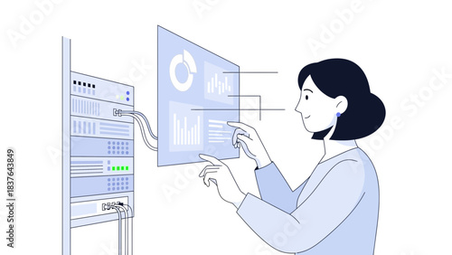 A person interacting with a data visualization interface connected to a server rack, depicted in a line drawing style