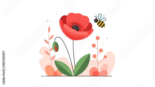A cartoon poppy flower and a bee, with peach foliage elements on a white background, simple vector illustration