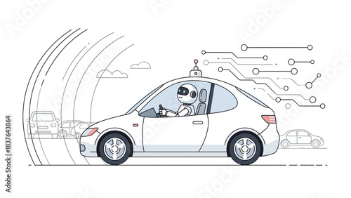A robot drives a self-driving white car in a minimalist style with road-sensing tech