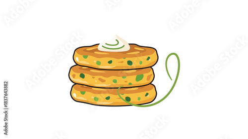 A stack of three golden-brown corn fritters, topped with cream and spring onion on a white background