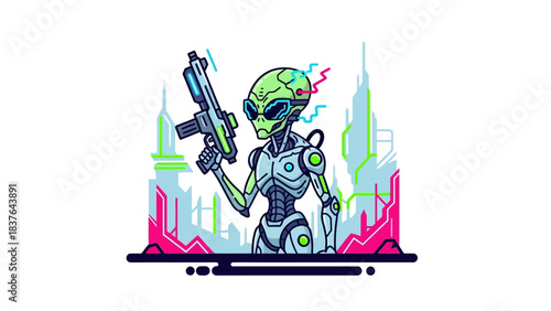 A robotic alien holds a futuristic gun, with a colorful cityscape backdrop