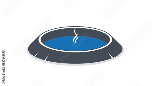 A stylized, angled hot tub with steam, blue water, and a grey rim