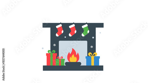 Animated fireplace scene with stockings hung and wrapped gifts underneath, snowflakes floating around