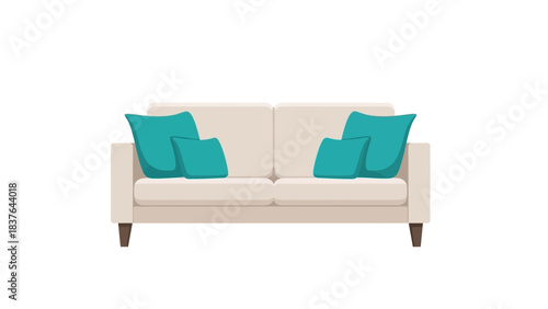 Beige sofa with four turquoise pillows, set on a white background
