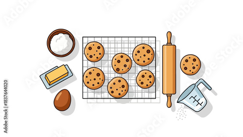 Baking ingredients and cookies, cartoon style, flat lay, on white background