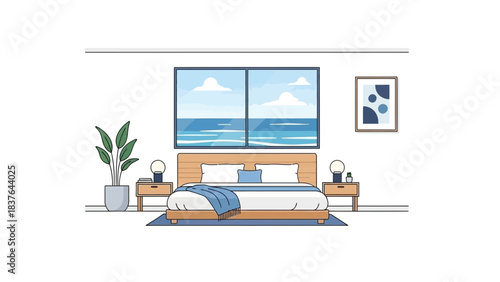 Bedroom interior illustration with seaside view through the window and decoration